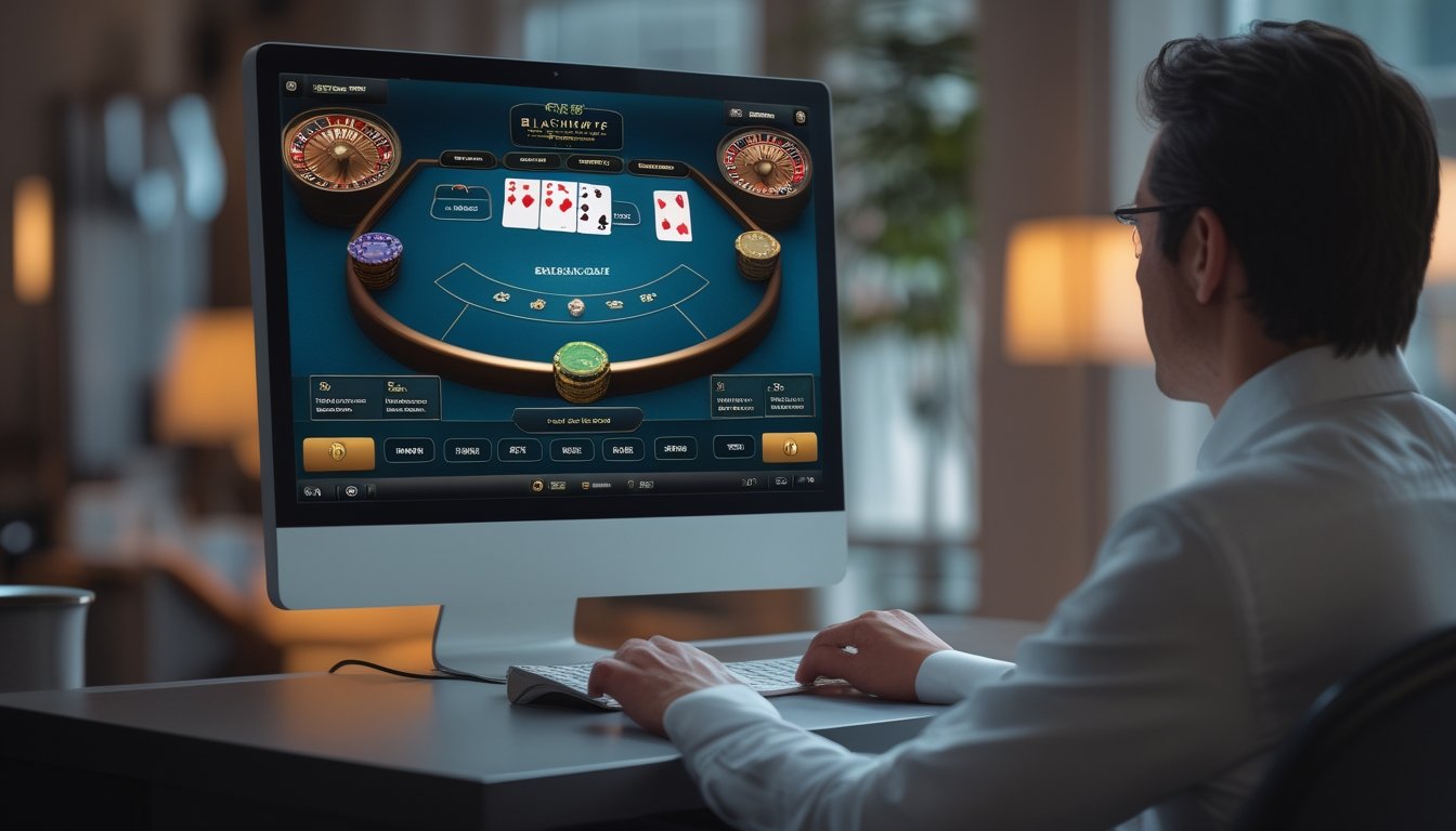 Pemain menganalisis permainan blackjack online dengan kartu dan keping taruhan di layar komputer.