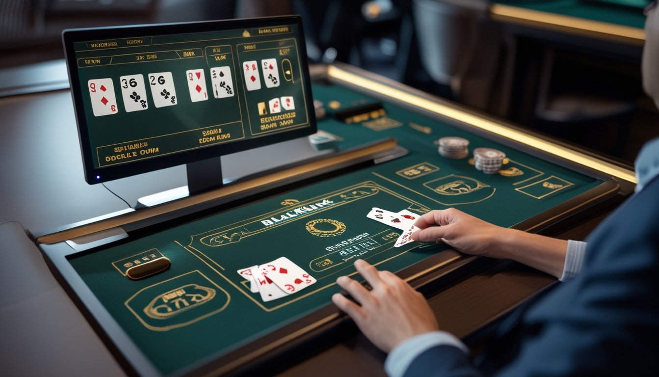 Tangan pemain memilih strategi pada meja blackjack online dengan kartu, chip, dan antarmuka permainan di layar.