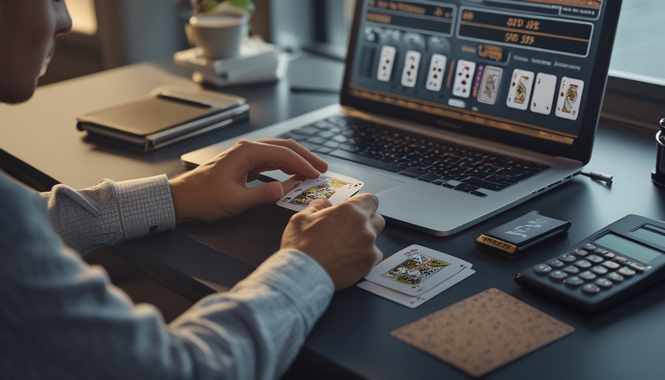 Seorang pemain fokus mengatur kartu blackjack di samping laptop pada meja kerja.