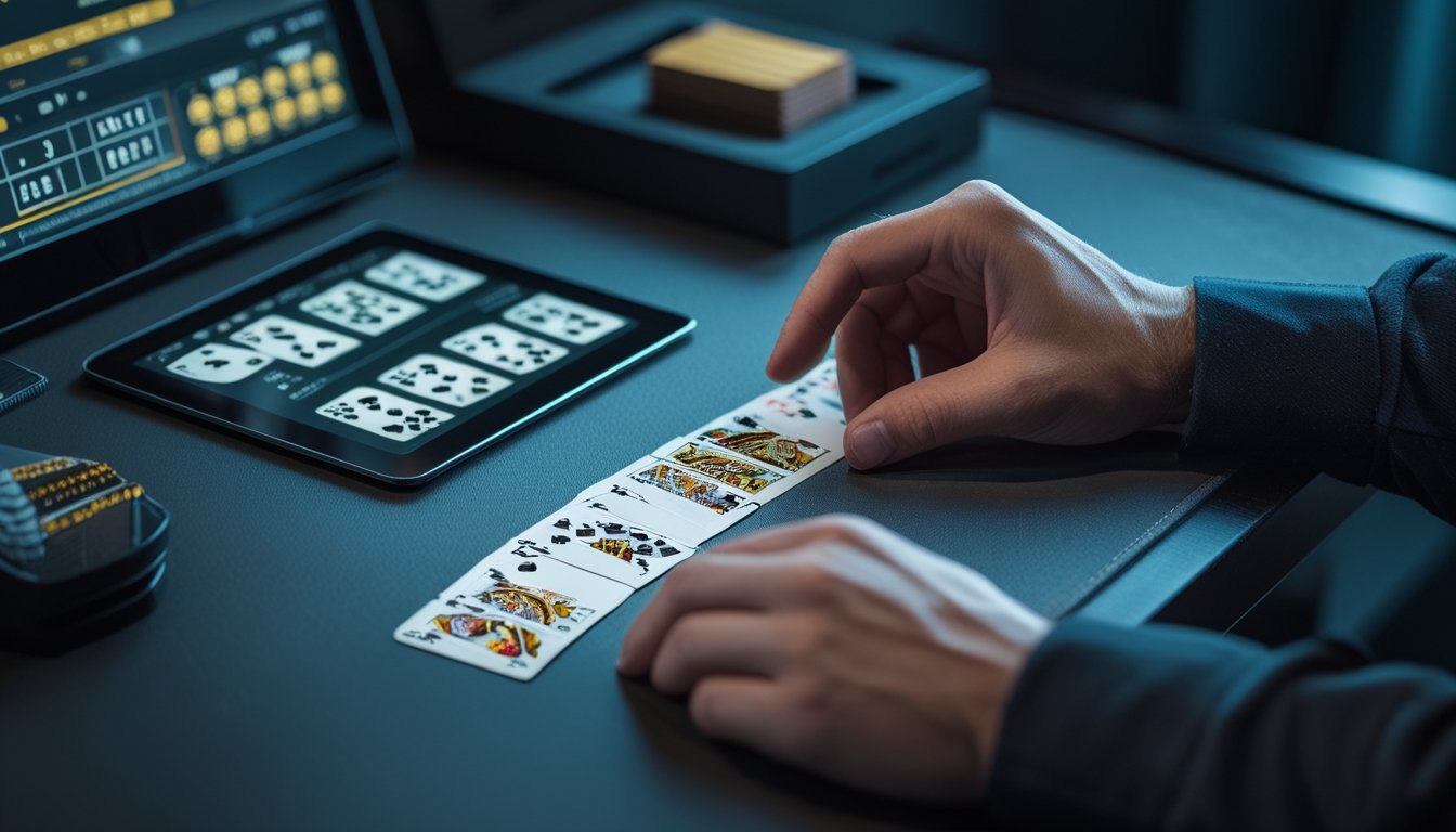 Seseorang mempelajari kartu remi dan tampilan permainan blackjack digital di meja kerja.