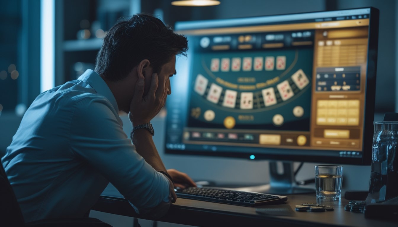 Seorang pemain tampak stres bermain blackjack online di depan komputer dengan kartu dan chip taruhan yang berserakan.