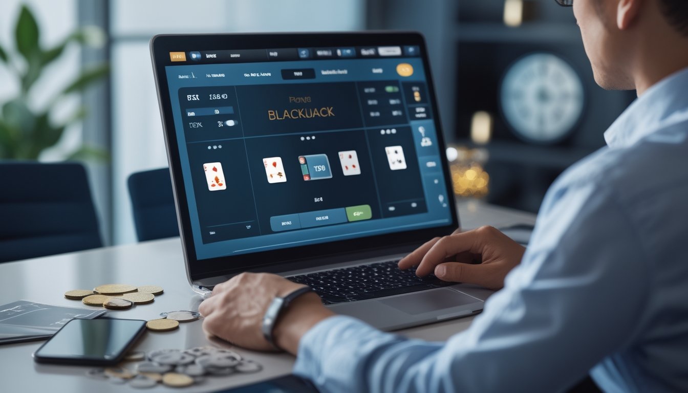 Seorang pemain tampak tegang saat bermain blackjack online dengan taruhan dan perangkat yang berantakan di meja.