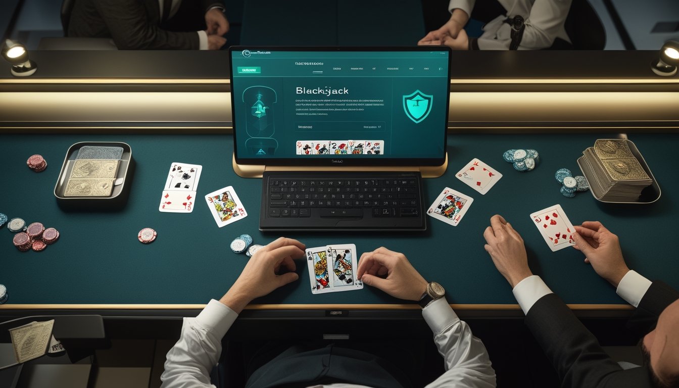 Meja blackjack modern dengan kartu, keping kasino, dealer, dan layar komputer yang menampilkan permainan secara aman.