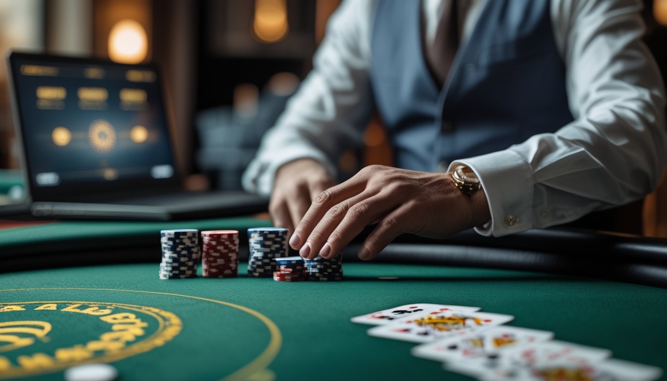 Meja blackjack dengan dealer profesional, kartu, chip, dan layar komputer yang menampilkan antarmuka kasino abstrak.