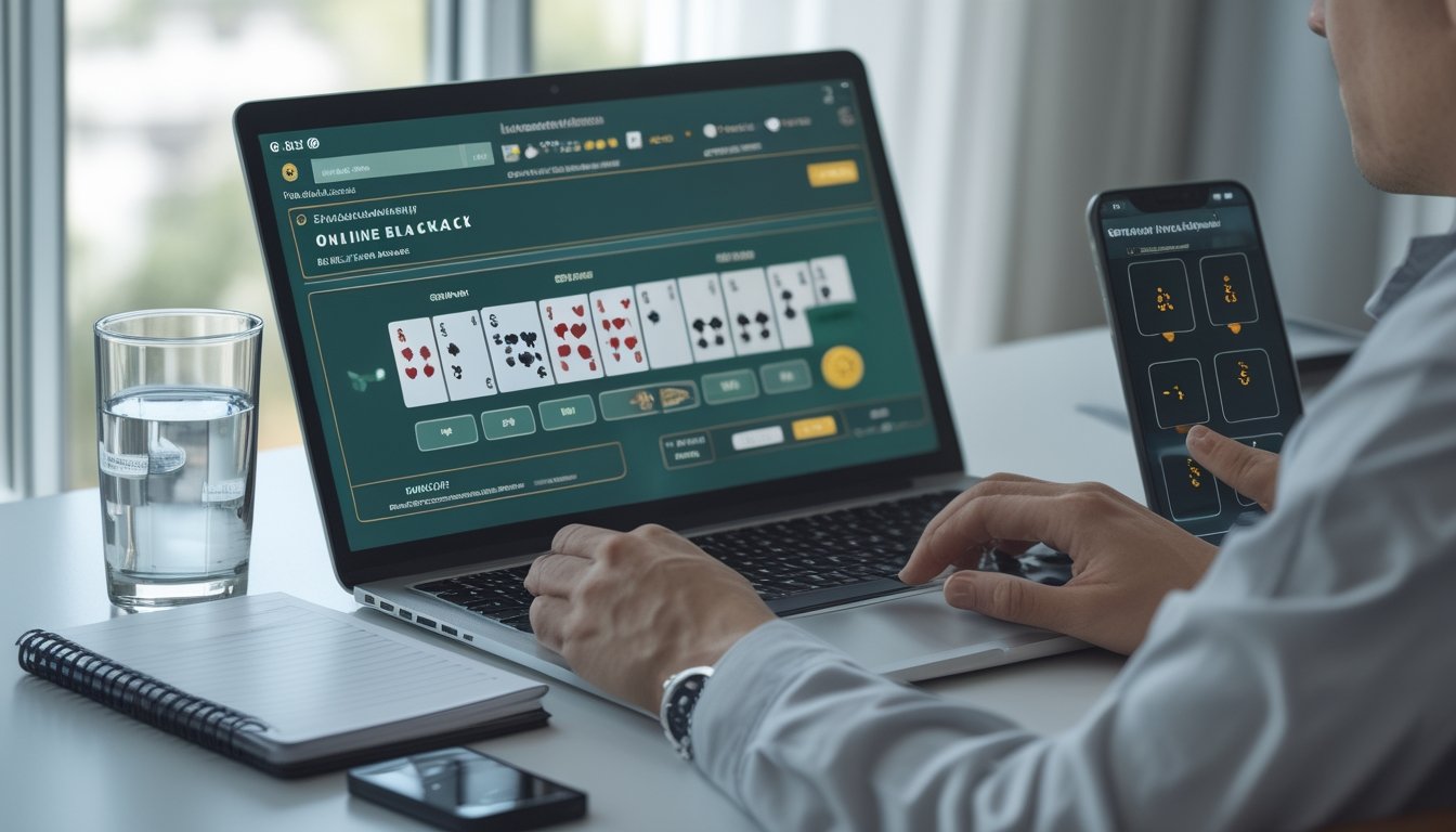 Seseorang dengan tenang mengatur keping taruhan dan anggaran di meja kerja sambil melihat permainan blackjack di laptop.
