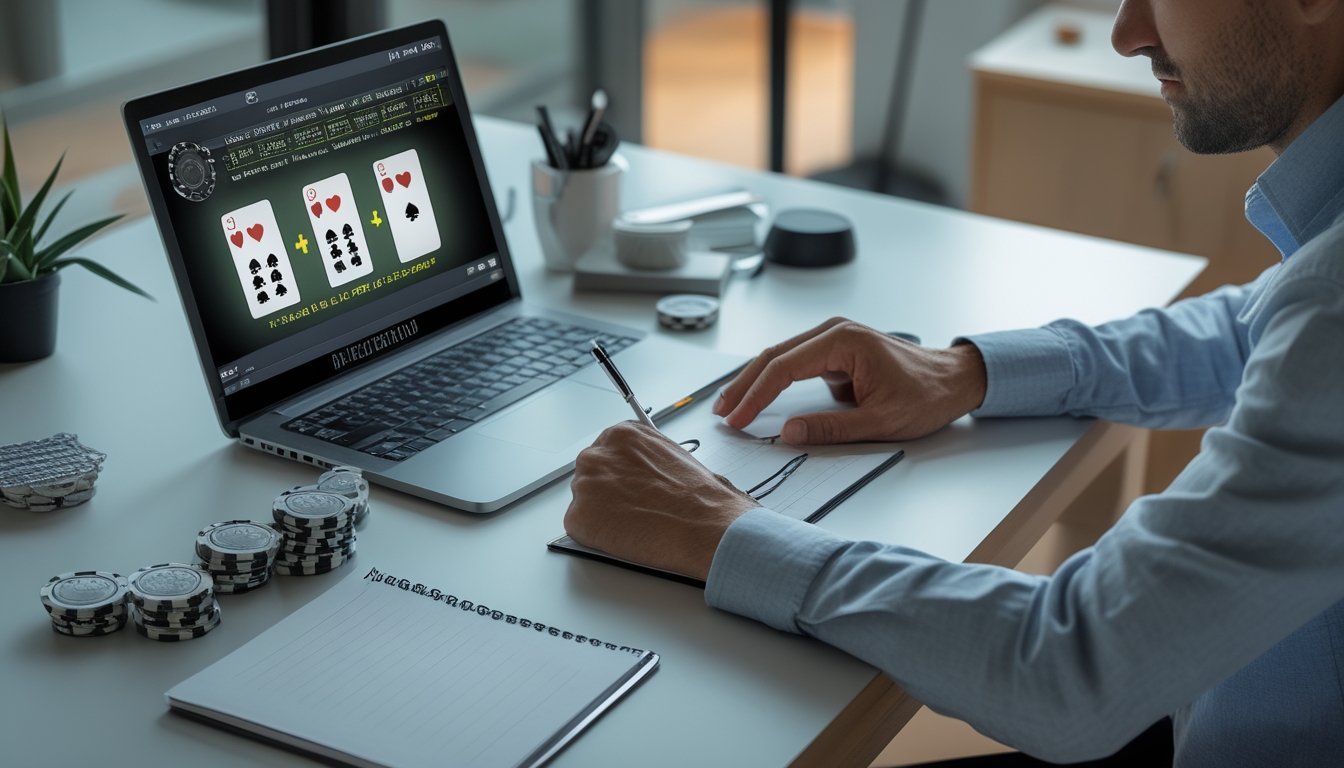 Seseorang mengatur chip, uang, kalkulator, dan laptop blackjack secara tertib di meja kerja.