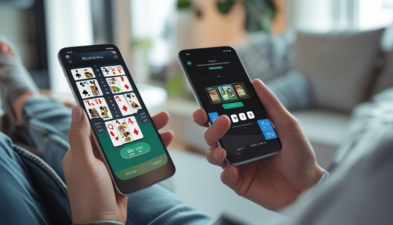 Seorang dewasa memainkan blackjack melalui aplikasi di smartphone dalam ruangan modern.
