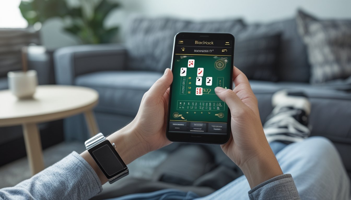 Seseorang duduk nyaman di sofa sambil memainkan permainan blackjack online melalui smartphone.