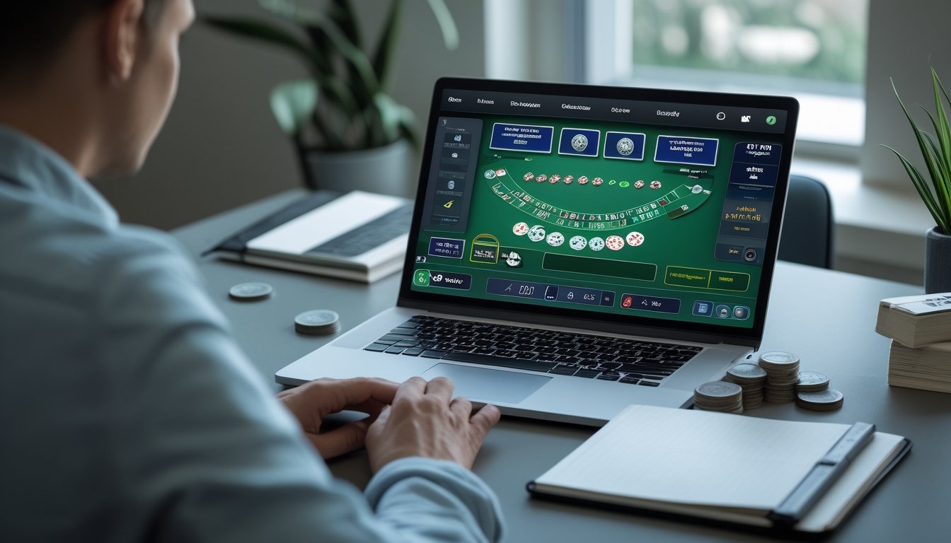Seseorang memilih meja blackjack daring sambil mengatur chip, kalkulator, dan catatan anggaran di meja kerja.