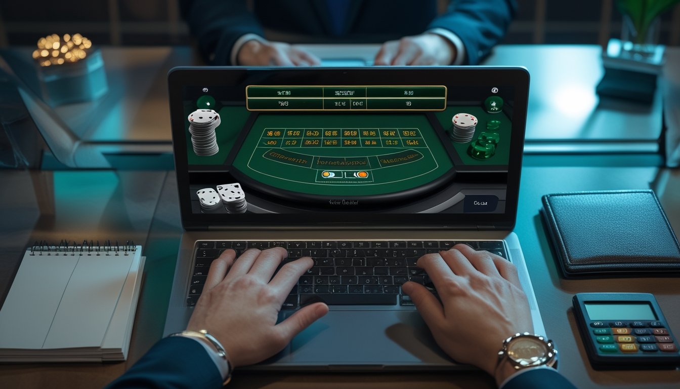 Meja blackjack online dengan kartu, keping taruhan, dan perangkat komputer yang menampilkan pilihan batas taruhan.
