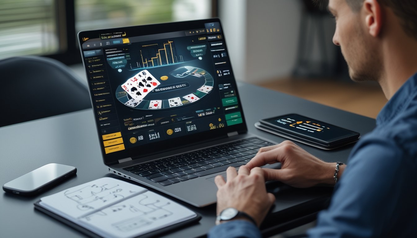 Seseorang menganalisis permainan blackjack online dengan kartu, chip, kalkulator, dan grafik pada laptop.
