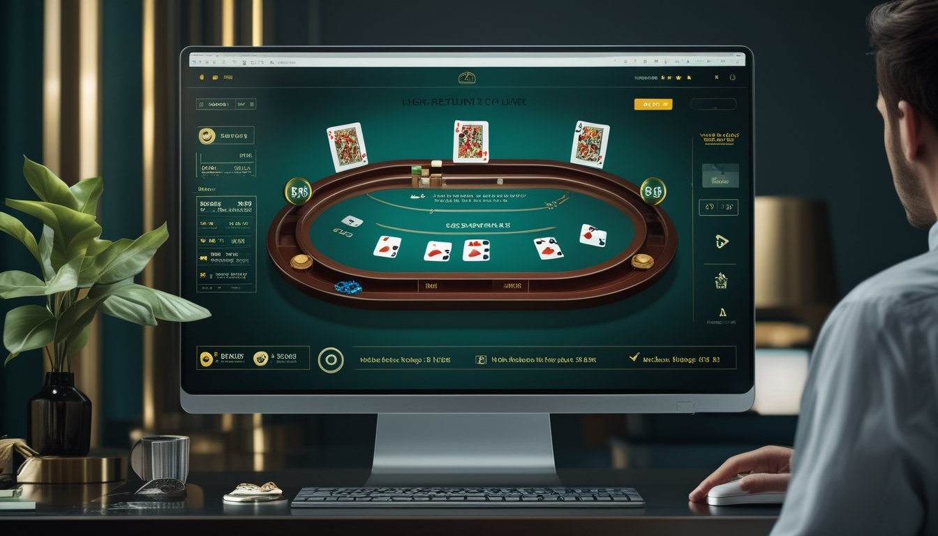 Seseorang mempelajari permainan blackjack online dengan grafik analisis dan kartu di layar komputer.