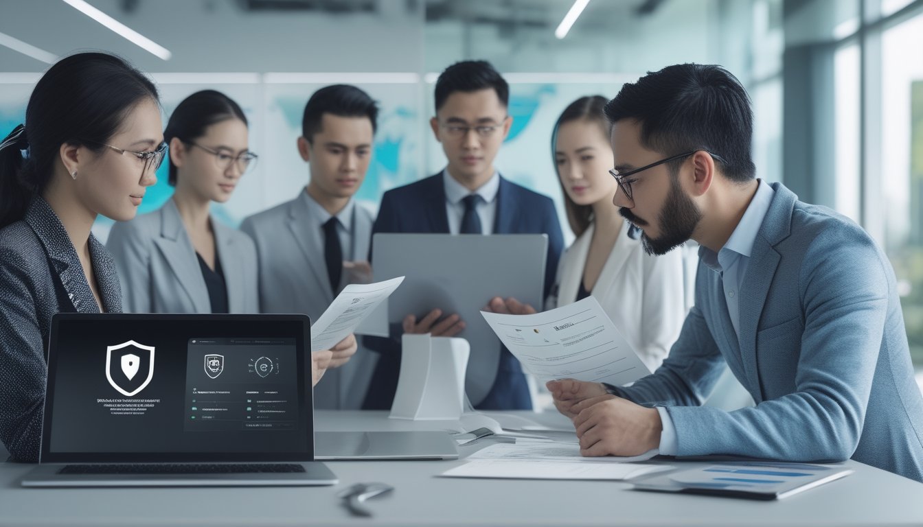 Tim profesional Indonesia meninjau dokumen kepatuhan dan keamanan digital di kantor modern.
