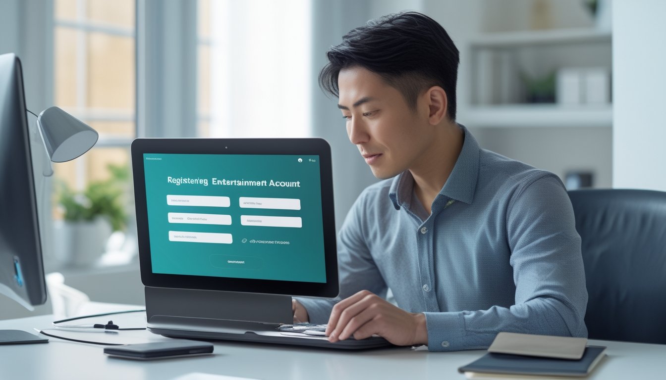 Orang dewasa menggunakan laptop untuk mendaftar akun online di meja kerja dengan ponsel dan dompet di sampingnya.