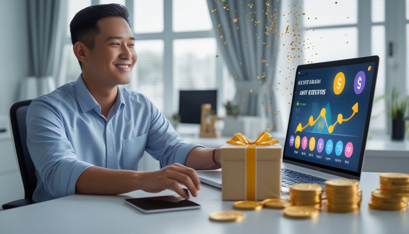 Orang dewasa tersenyum melihat laptop dengan hadiah, koin emas, dan efek perayaan di meja kerja.