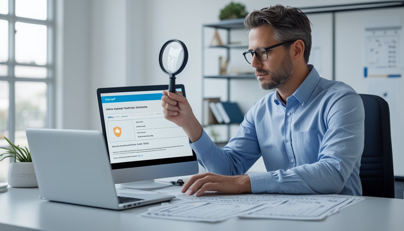 Seorang analis memeriksa kredibilitas platform digital menggunakan laptop dan dokumen verifikasi di meja kerja.