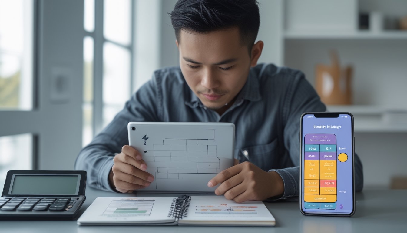 Seorang dewasa mempelajari tablet dan catatan di meja kerja dengan kalkulator dan grafik sederhana.