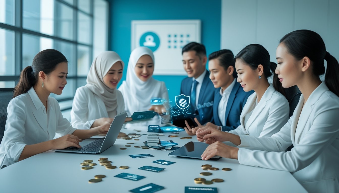Profesional dewasa meninjau dasbor pembayaran digital dengan simbol keamanan dan tanda verifikasi di meja kantor.