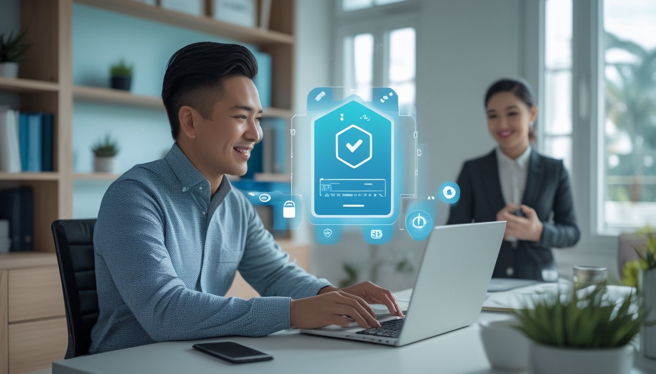 Pengguna dewasa berkonsultasi tentang layanan digital resmi dan aman di ruang kerja modern.