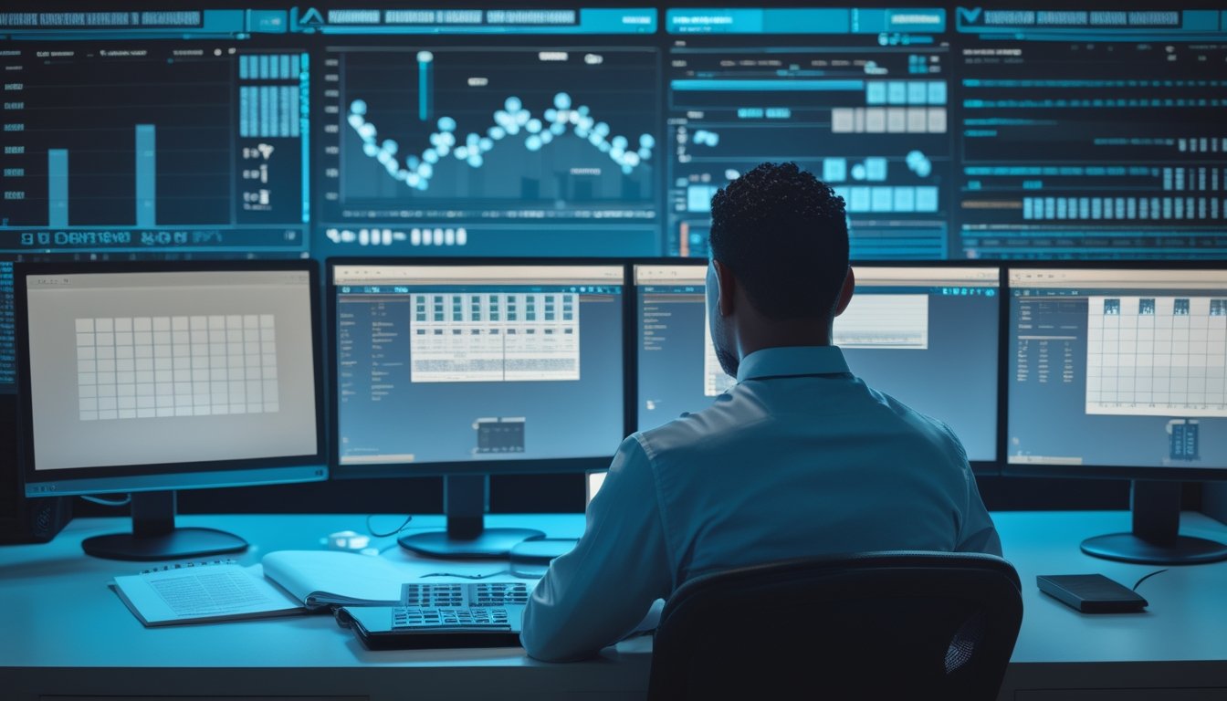 Seorang analis mempelajari grafik dan data angka pada beberapa monitor di ruang kerja modern.
