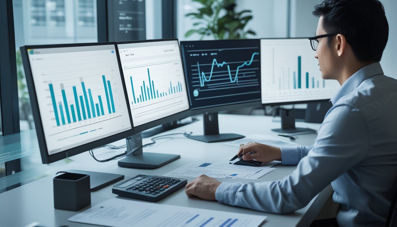 Analis sedang memeriksa grafik dan tabel angka di meja kerja modern.