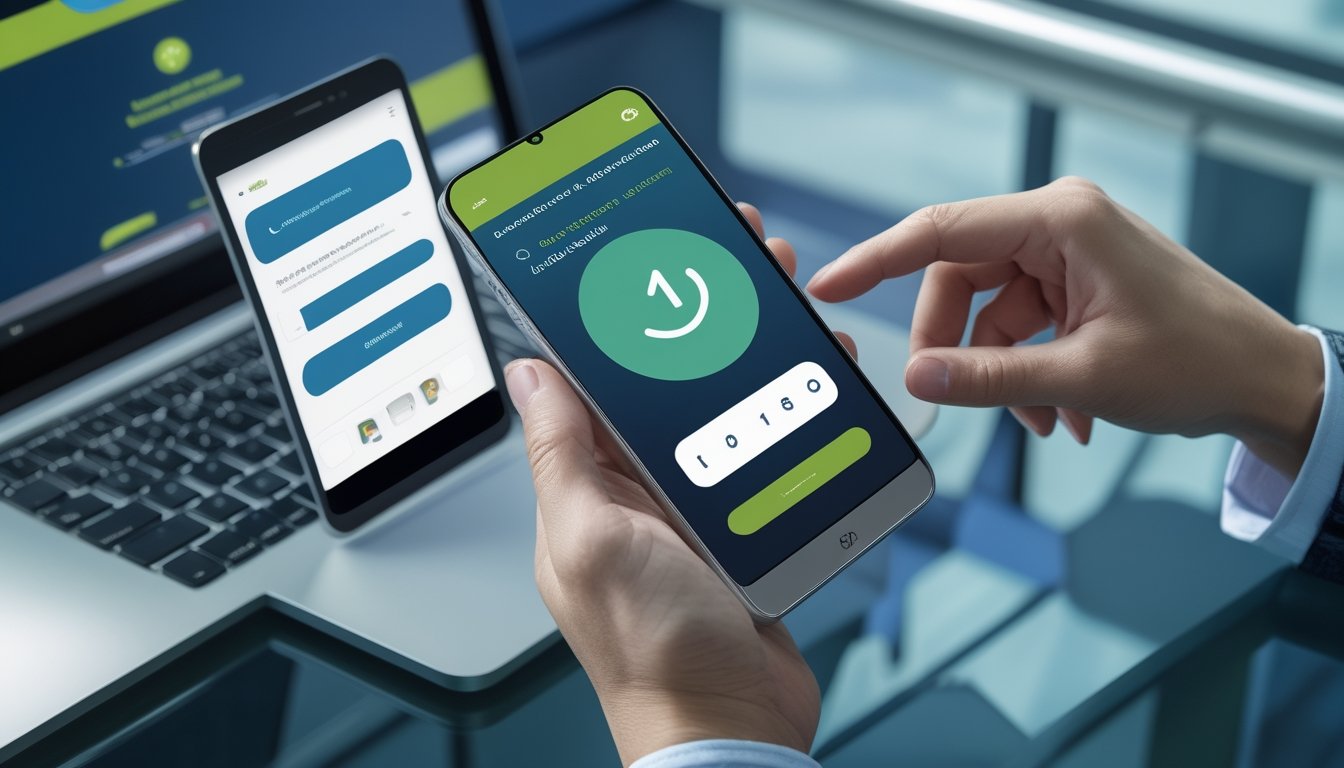Tangan menggunakan ponsel untuk melakukan pembayaran digital melalui dompet elektronik di meja kerja modern.