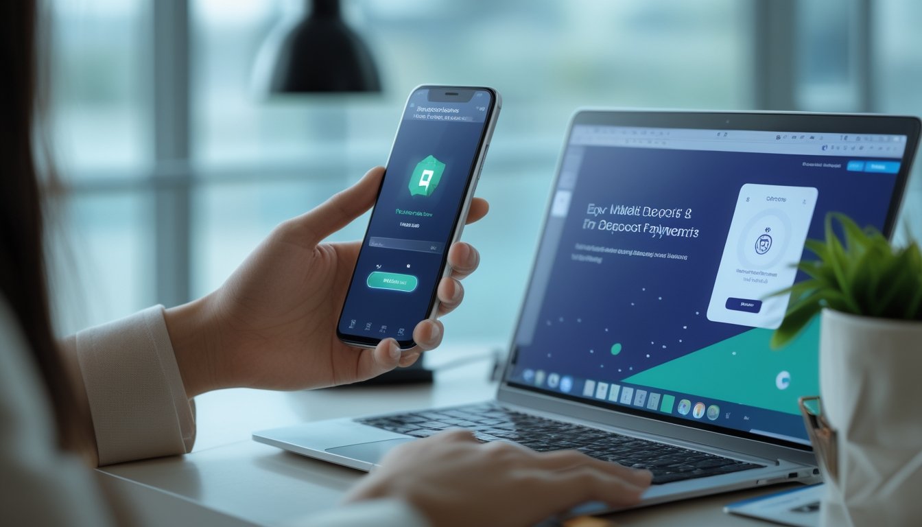 Seseorang menggunakan ponsel untuk meninjau proses deposit dompet elektronik di meja kerja modern.