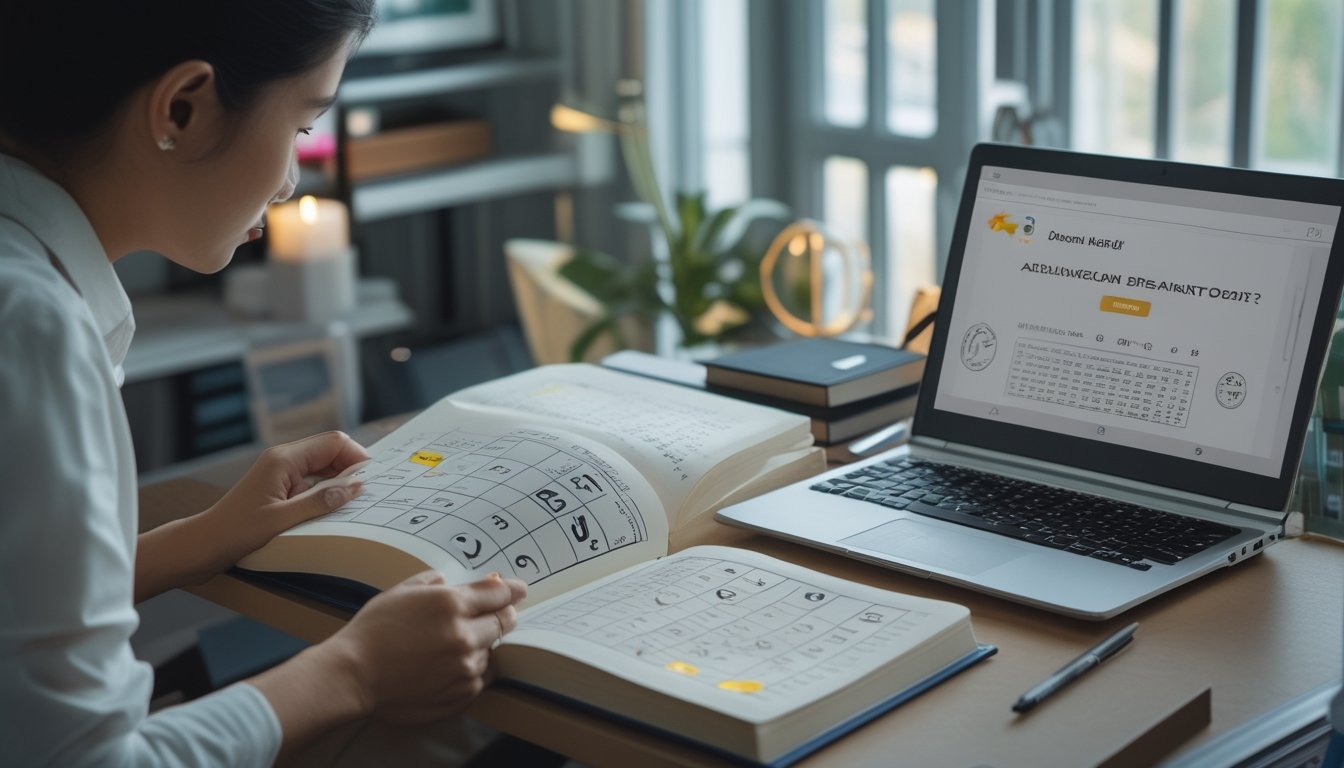 Seseorang membaca buku tafsir mimpi di meja kerja dengan laptop, buku catatan, dan pena.
