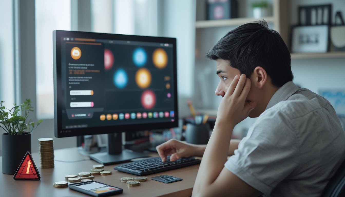 Pemula terlihat bingung dan frustrasi di depan laptop dengan perlengkapan keuangan yang berantakan.