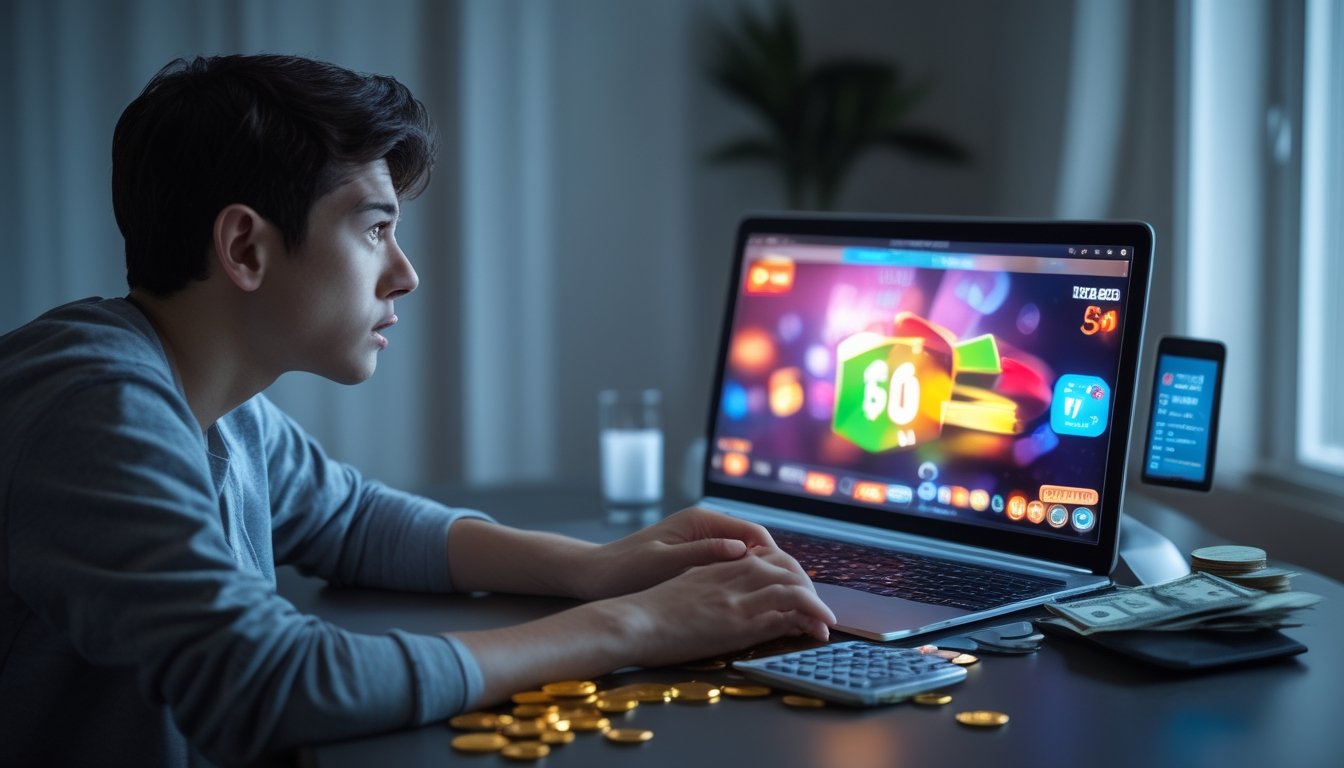 Seorang pemula tampak cemas di depan laptop dengan uang dan tagihan yang berserakan di meja.