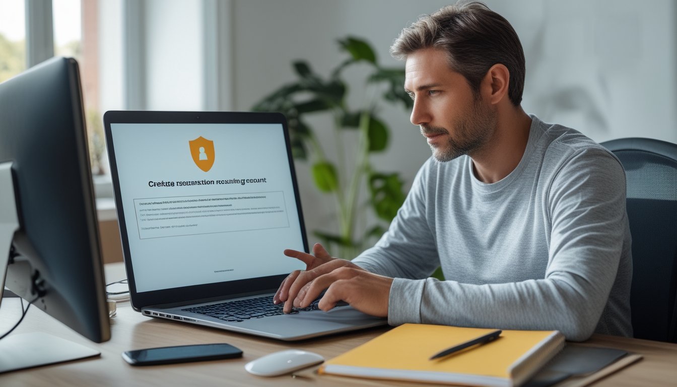 Seseorang menyiapkan pendaftaran akun online di meja kerja dengan laptop, ponsel, dan simbol keamanan.
