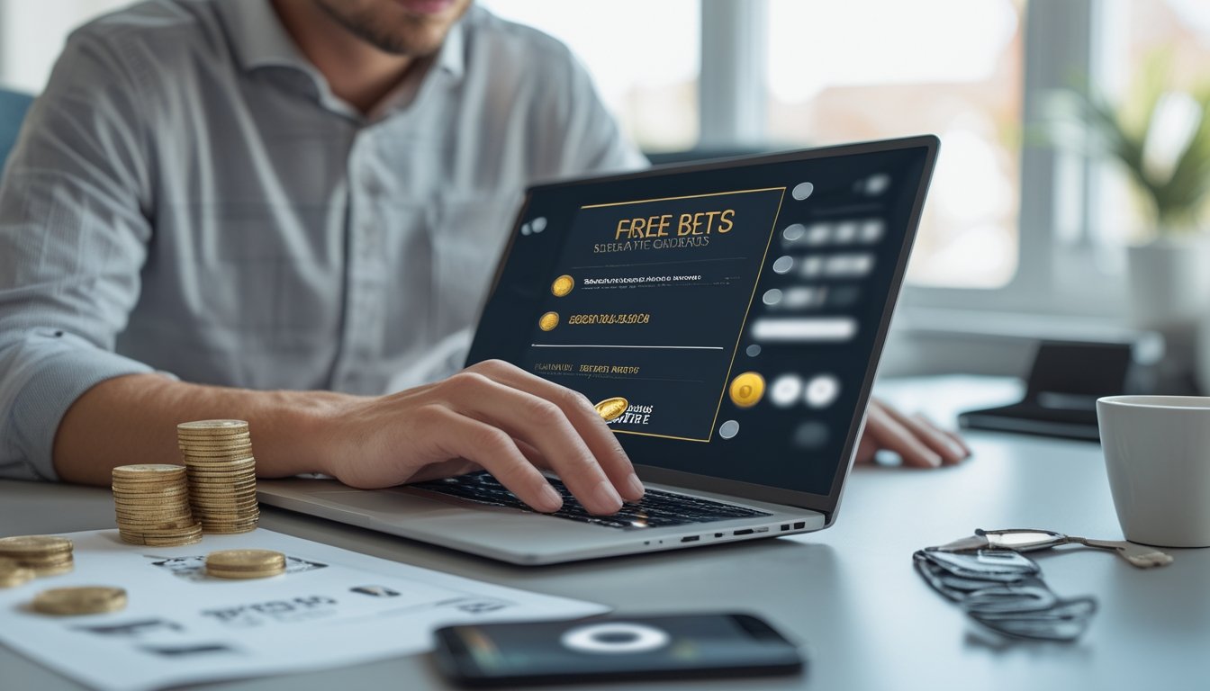 Orang dewasa memeriksa promosi permainan online di laptop dengan daftar periksa dan simbol keamanan di meja kerja.