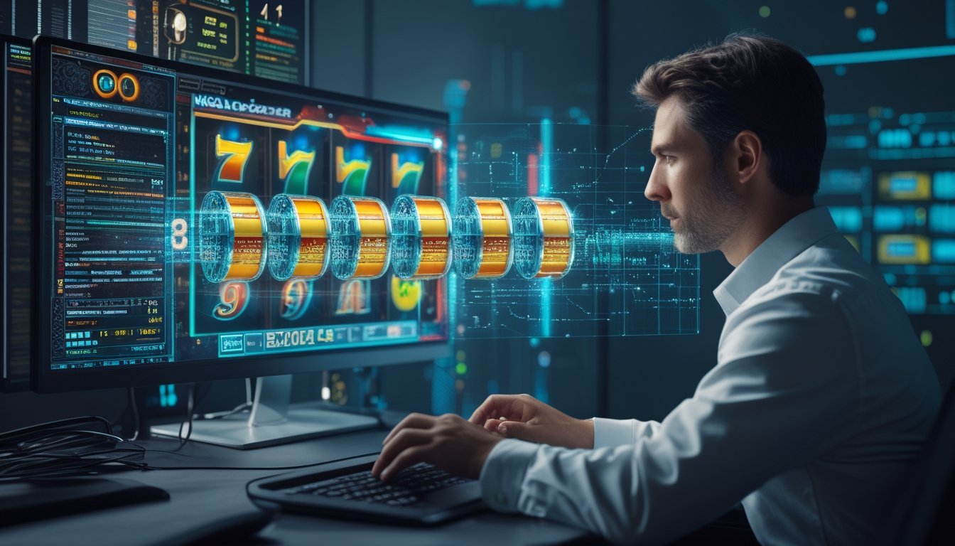Seorang analis dewasa memeriksa sistem permainan slot digital dengan visualisasi data dan keamanan siber.