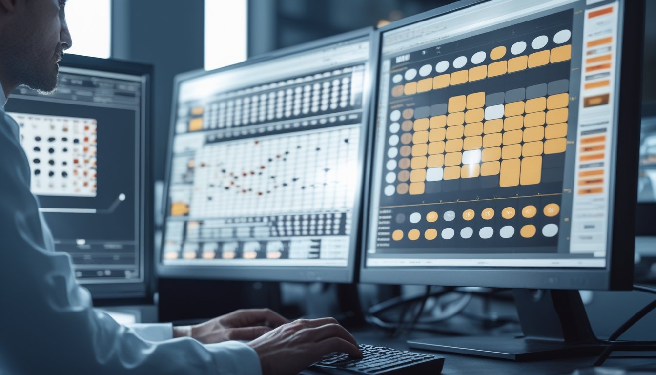 Peneliti menganalisis pola acak dan grafik statistik pada beberapa monitor komputer.