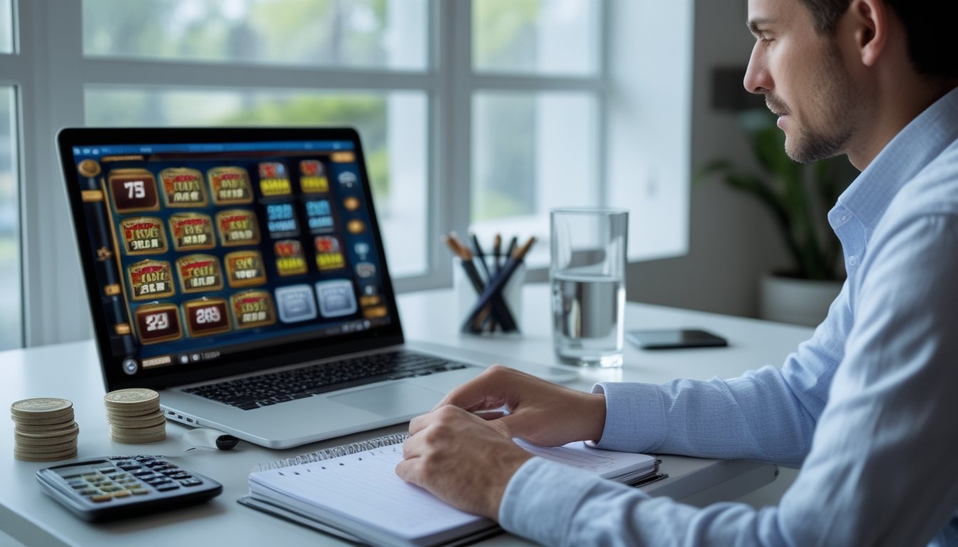 Seseorang mengatur anggaran bermain slot online di meja dengan kalkulator, buku catatan, dan laptop.