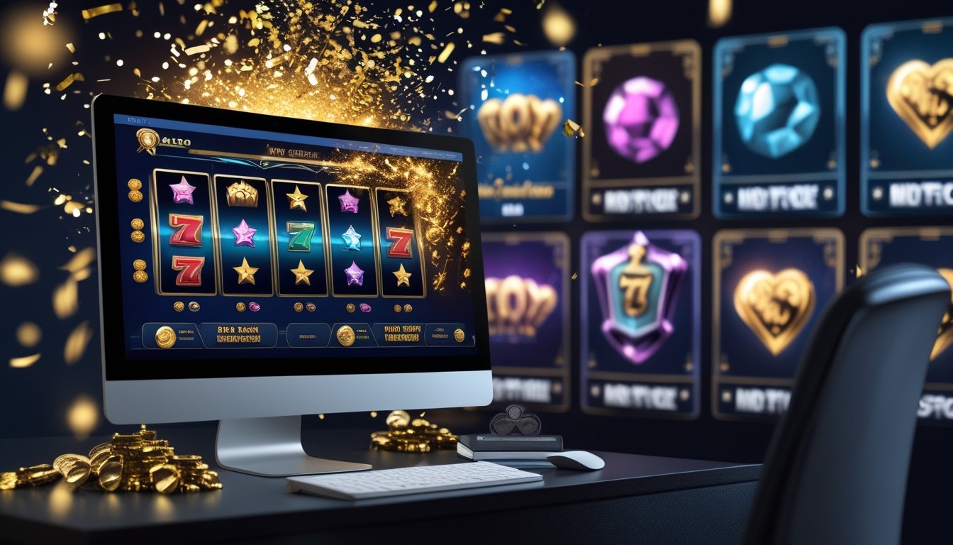 Perangkat digital menampilkan berbagai permainan slot fiktif dengan efek cahaya keemasan dan simbol kemenangan.