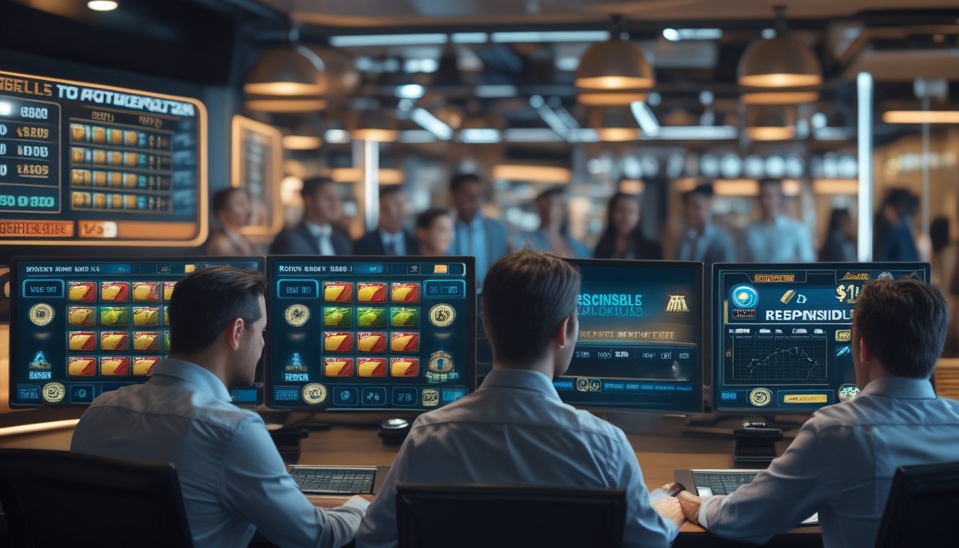 Tim profesional menilai tampilan permainan slot digital dan indikator keamanan di ruang kerja modern.