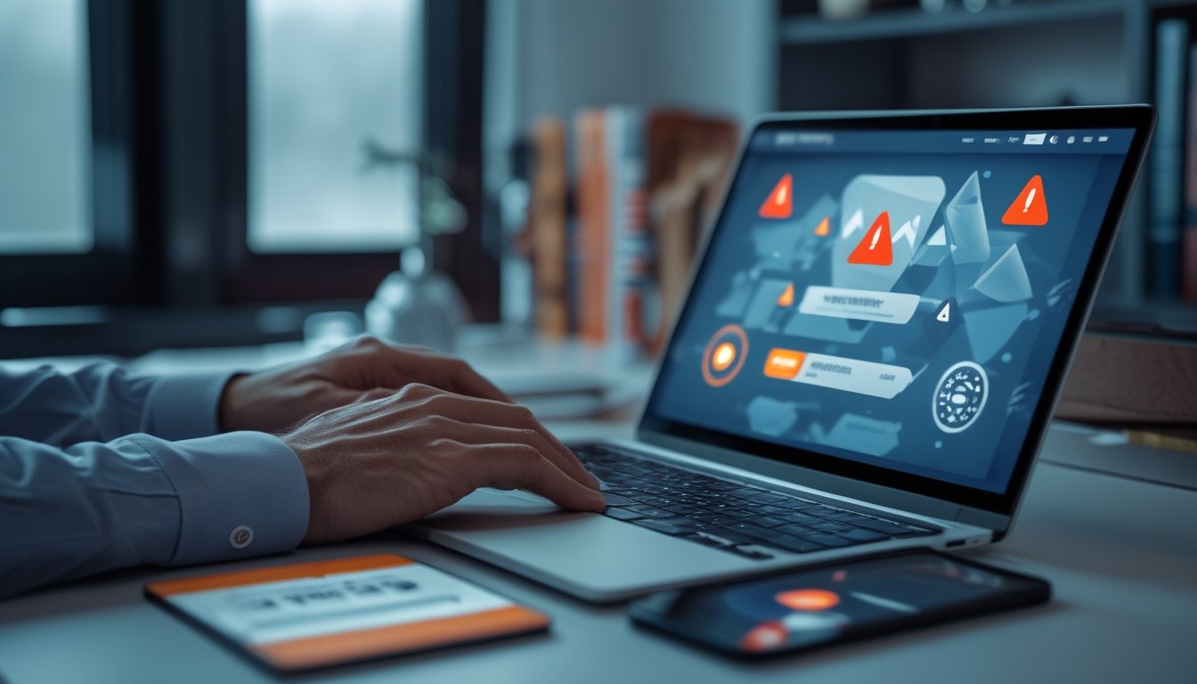 Seorang pemain tampak waspada saat memeriksa situs perjudian online mencurigakan di laptop, dengan simbol peringatan keamanan di sekitarnya.