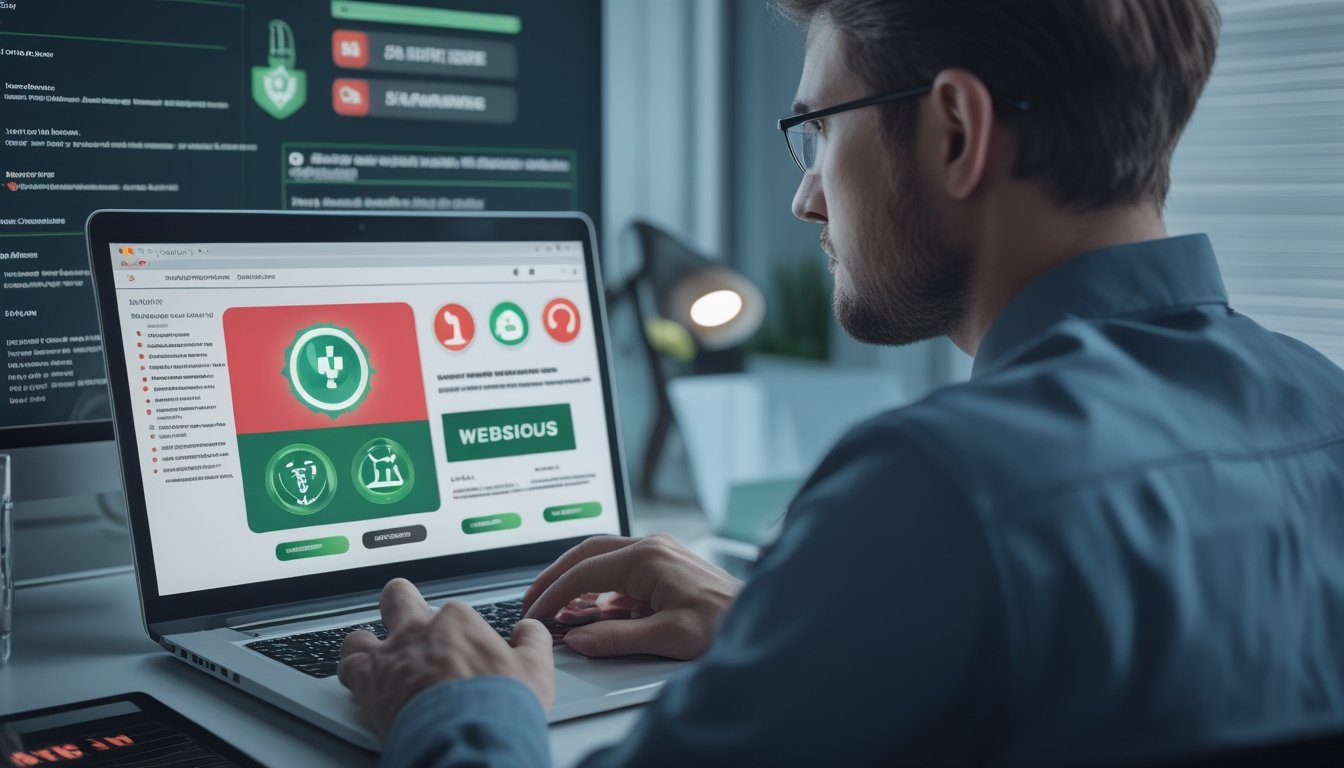 Seseorang memeriksa keamanan sebuah situs web di laptop dengan simbol verifikasi dan peringatan penipuan.