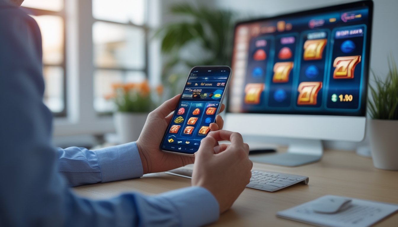 Seseorang menggunakan ponsel untuk bermain gim slot dengan komputer desktop di latar belakang.