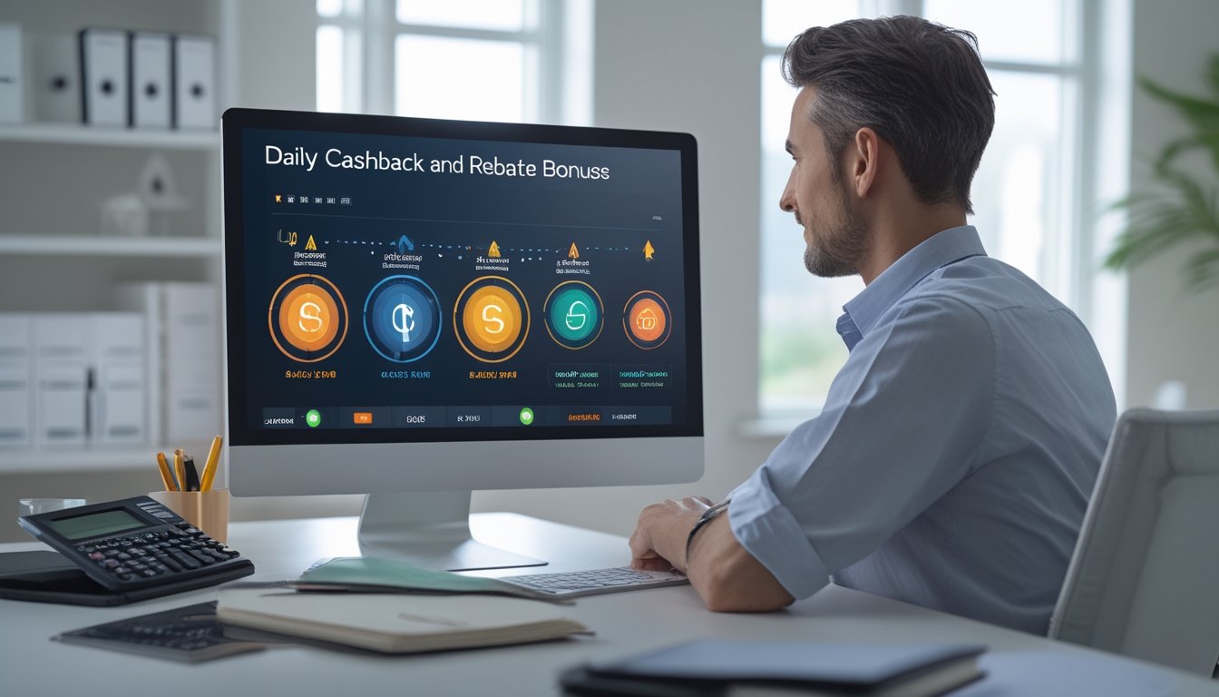 Seseorang memeriksa informasi bonus cashback dan rebate harian di laptop pada meja kerja.
