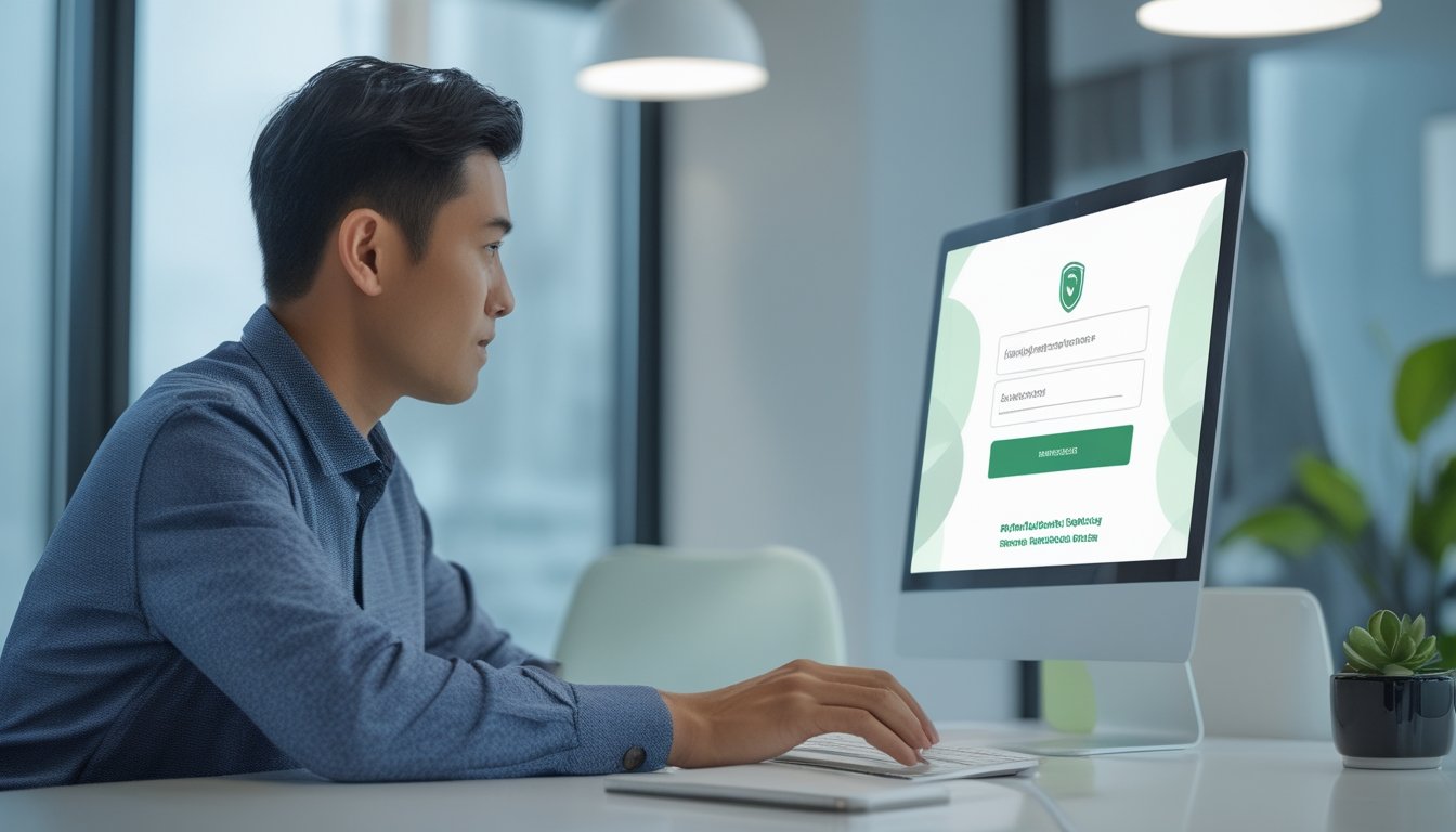 Orang dewasa mendaftarkan akun secara online menggunakan laptop di meja kerja modern dengan simbol keamanan.