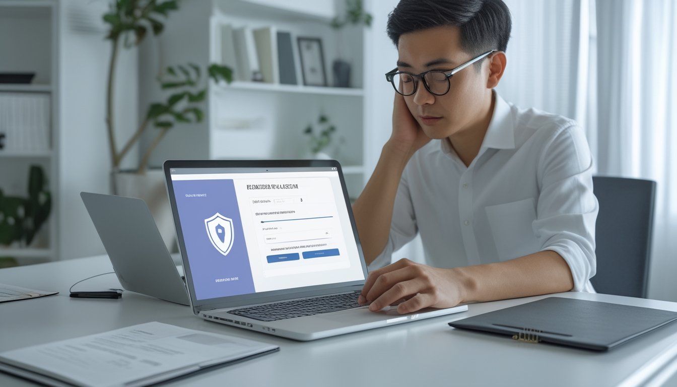Seseorang meninjau proses pendaftaran daring dengan hati-hati di meja kerja, ditemani laptop, ponsel, dan dokumen kosong.