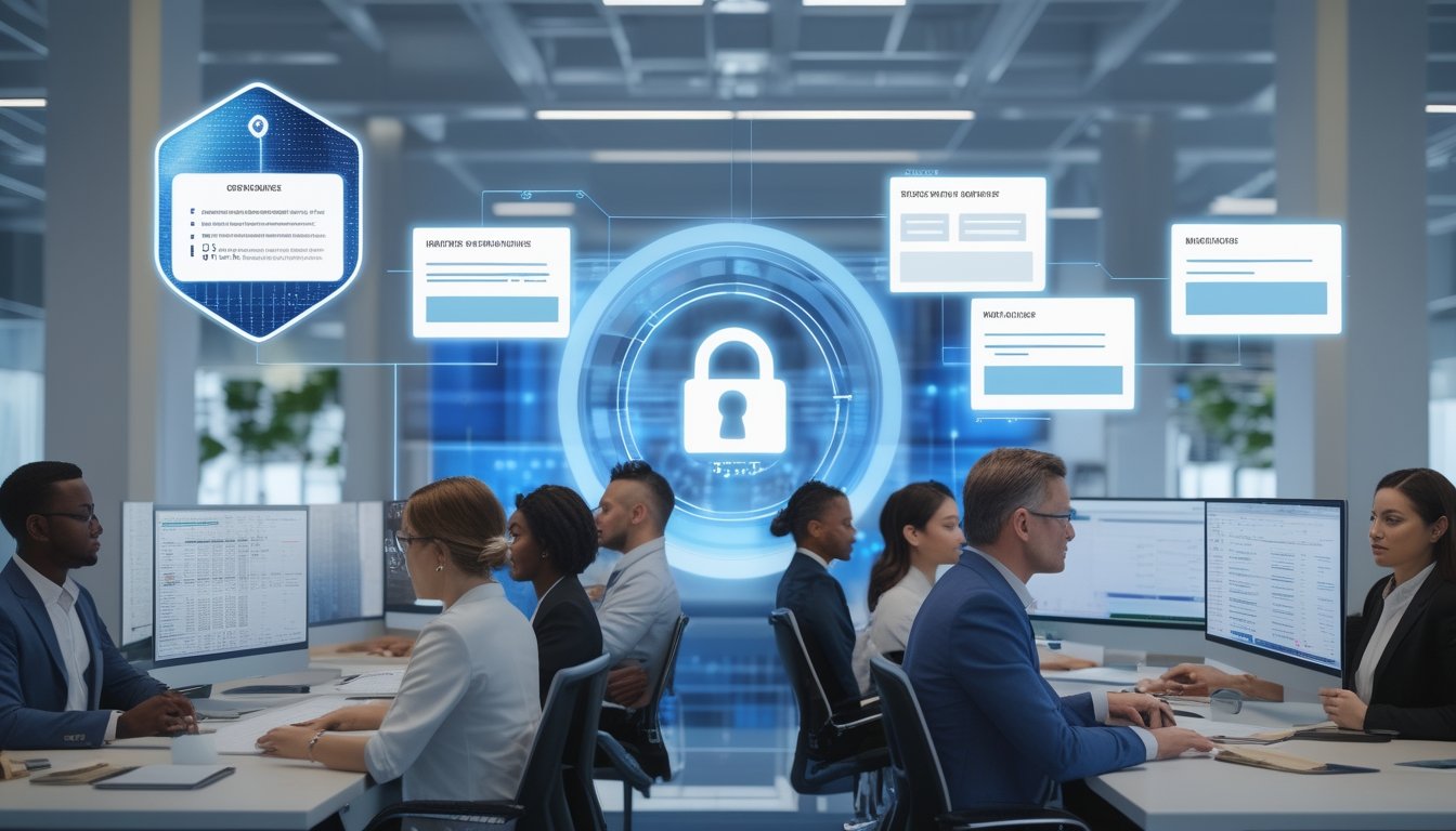 Tim profesional memeriksa dokumen verifikasi dan keamanan platform digital di kantor modern.