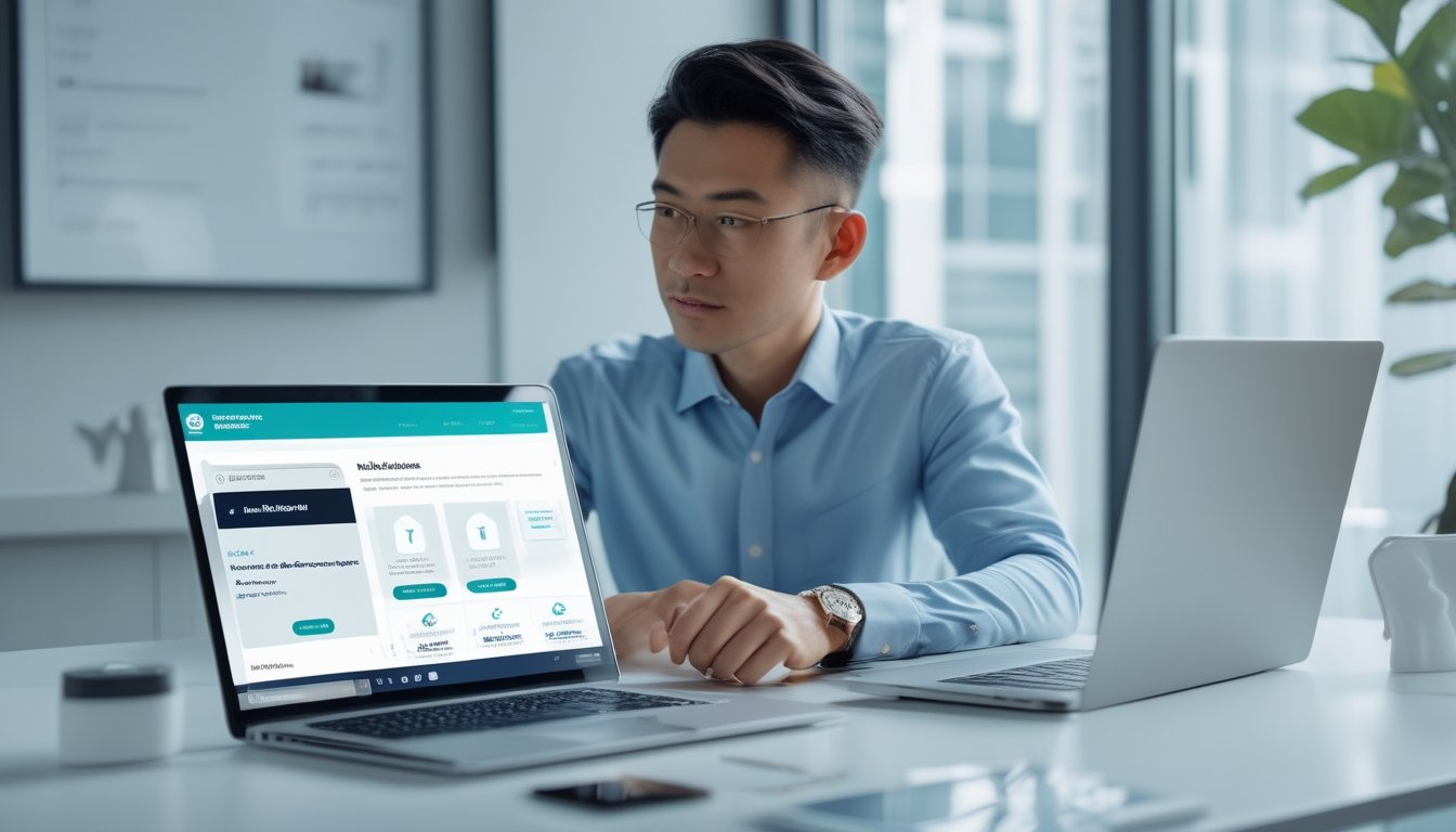 Seorang profesional memeriksa keamanan dan kredibilitas platform digital melalui laptop dan ponsel di meja kerja.