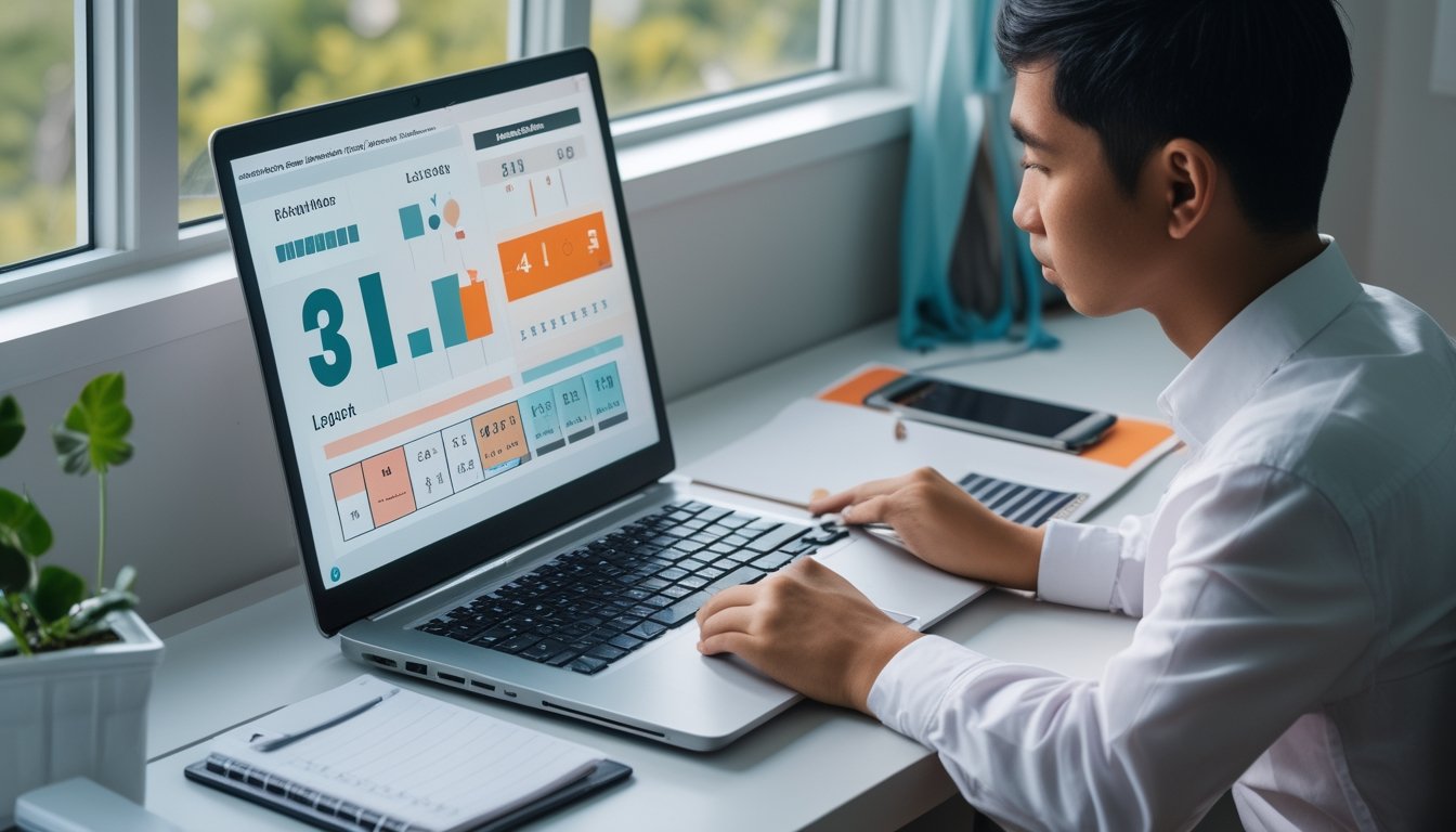 Seorang pemula mempelajari permainan angka secara daring di meja kerja dengan laptop, kalkulator, dan buku catatan.
