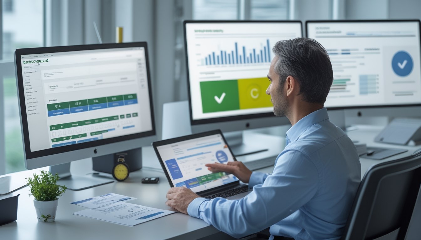 Seorang profesional meninjau platform digital yang aman dan terpercaya di laptop dalam suasana kantor modern.