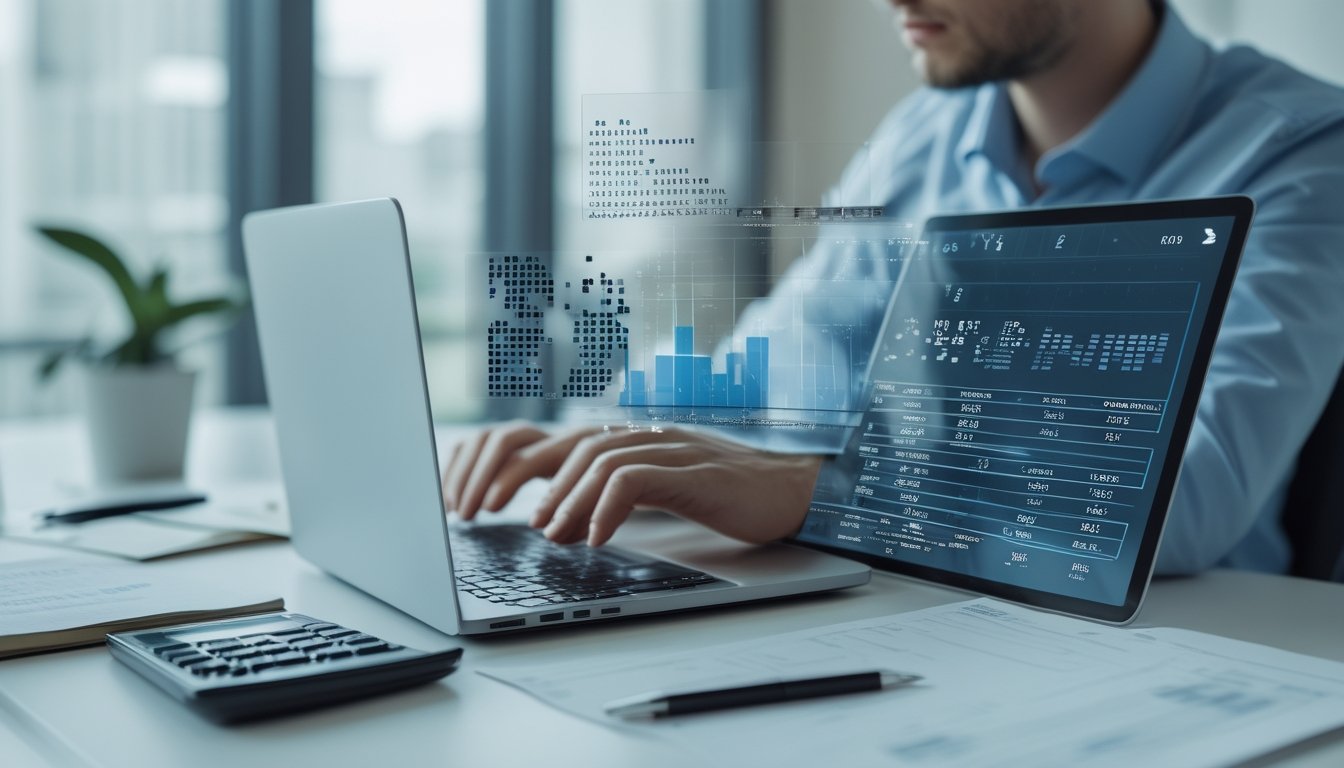 Seorang analis memeriksa pola data abstrak di laptop dan tablet pada meja kerja.
