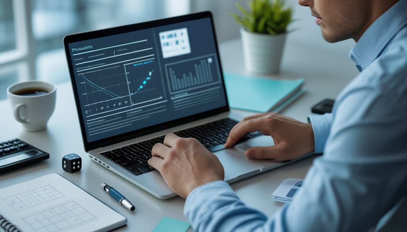 Seorang analis mempelajari grafik statistik dan angka acak di meja kerja dengan laptop, buku catatan, kalkulator, dan dadu.