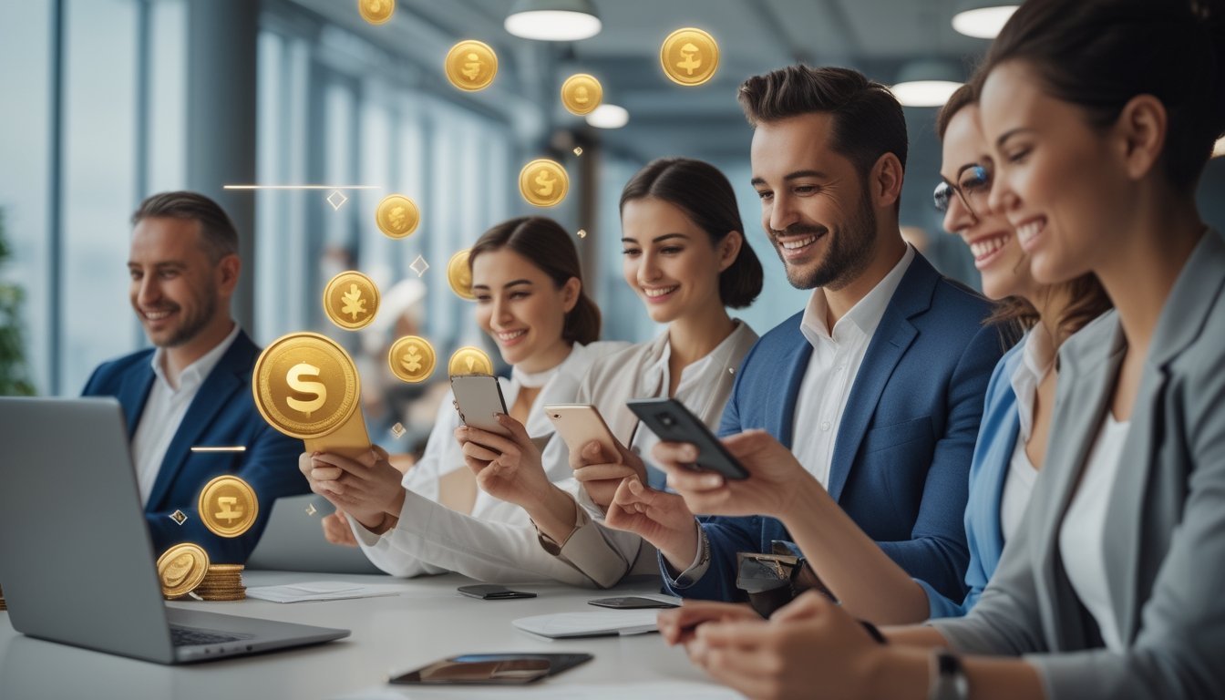 Sekelompok orang dewasa menggunakan perangkat digital sambil melihat simbol hadiah dan bonus di ruang kerja modern.